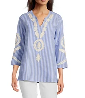 Calessa Petite Size Embroidered Patchwork Pinstripe Split V-Neck 3/4 Sleeve Tunic