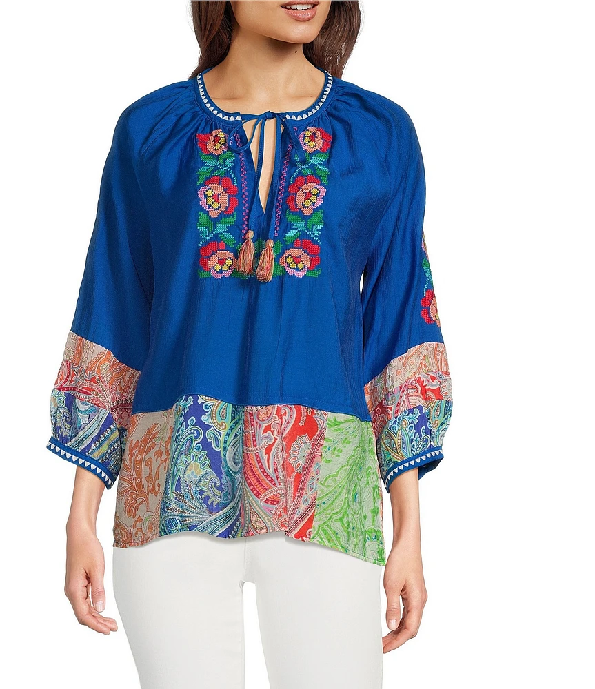 Calessa Petite Size Embroidered Patchwork Print Split V-Neck 3/4 Sleeve Tassel Tie Top
