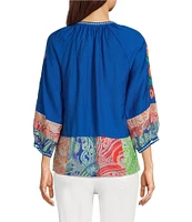 Calessa Petite Size Embroidered Patchwork Print Split V-Neck 3/4 Sleeve Tassel Tie Top