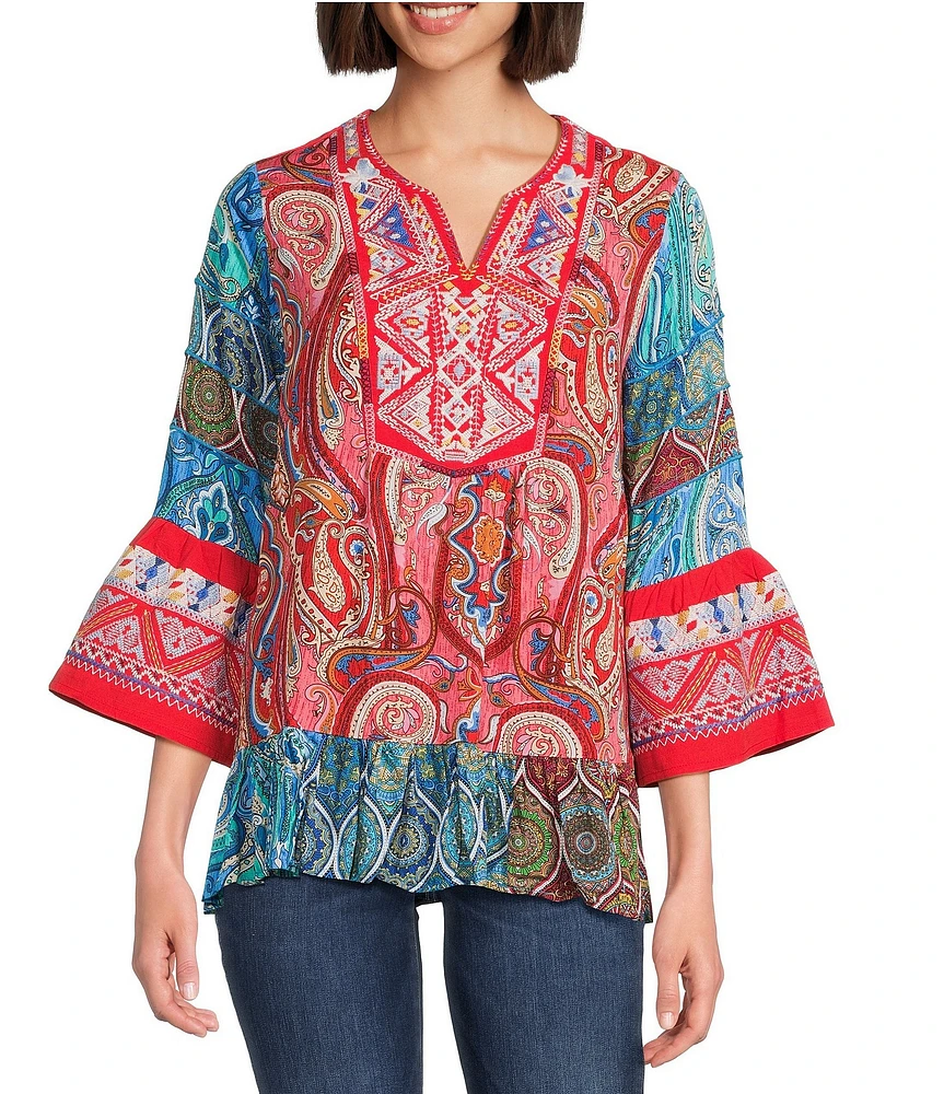 Calessa Petite Size Embroidered Patchwork Print Split V-Neck 3/4 Sleeve Tunic
