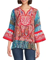 Calessa Petite Size Embroidered Patchwork Print Split V-Neck 3/4 Sleeve Tunic