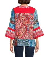 Calessa Petite Size Embroidered Patchwork Print Split V-Neck 3/4 Sleeve Tunic