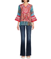 Calessa Petite Size Embroidered Patchwork Print Split V-Neck 3/4 Sleeve Tunic
