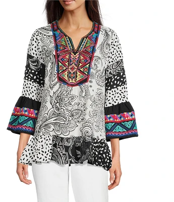 Calessa Petite Size Embroidered Patchwork Print Split V-Neck 3/4 Sleeve Tunic