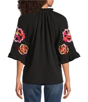 Calessa Petite Size Embroidered Patchwork Ruffle Split V-Neck 3/4 Sleeve Tunic