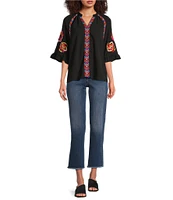 Calessa Petite Size Embroidered Patchwork Ruffle Split V-Neck 3/4 Sleeve Tunic