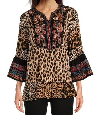 Calessa Petite Size Embroidered Patchwork Split Round Neckline 3/4 Sleeve Tunic