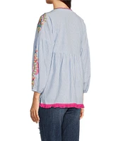 Calessa Petite Size Embroidered Patchwork Split Round V-Neck 3/4 Sleeve Tunic