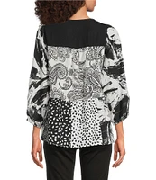 Calessa Petite Size Embroidered Patchwork Split V-Neck 3/4 Sleeve Tunic