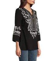 Calessa Petite Size Embroidered Patchwork Split V-Neck Partial Front Button 3/4 Sleeve Tunic
