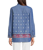 Calessa Petite Size Embroidered Point Collar Long Roll-Tab Sleeve Button Front Tunic