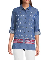 Calessa Petite Size Embroidered Point Collar Long Roll-Tab Sleeve Button Front Tunic