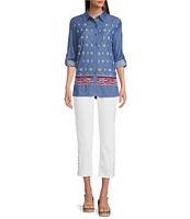Calessa Petite Size Embroidered Point Collar Long Roll-Tab Sleeve Button Front Tunic