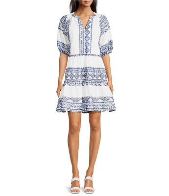 Calessa Petite Size Embroidered Printed Band Collar Split V-Neck 3/4 Sleeve Shift Dress