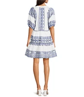 Calessa Petite Size Embroidered Printed Band Collar Split V-Neck 3/4 Sleeve Shift Dress