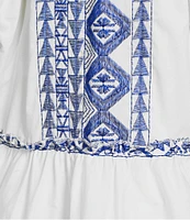 Calessa Petite Size Embroidered Printed Band Collar Split V-Neck 3/4 Sleeve Shift Dress