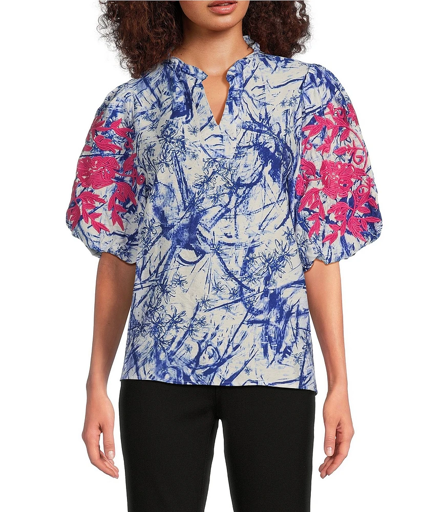 Calessa Petite Size Embroidered Printed Ruffled Split V-Neck Elbow Length Sleeve Tunic