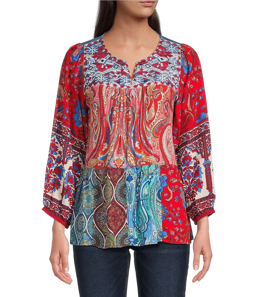 Calessa Petite Size Embroidered Printed Split V-Neck 3/4 Sleeve Tunic