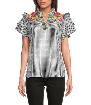 Calessa Petite Size Embroidered Printed Split V-Neck Short Sleeve Ruffle Tunic
