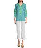 Calessa Petite Size Embroidered Retro Printed Split V-Neck 3/4 Sleeve Tunic