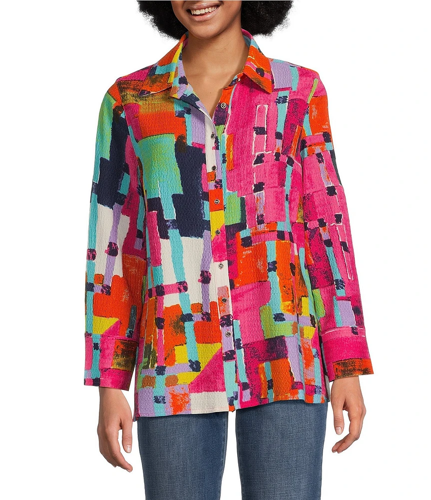 Calessa Petite Size Textured Crinkle Long Sleeve Button-Front Tunic