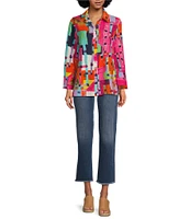 Calessa Petite Size Textured Crinkle Long Sleeve Button-Front Tunic