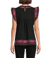 Calessa Petite Size Embroidered Round Neck Ruffled Cap Sleeve Tunic