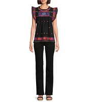 Calessa Petite Size Embroidered Round Neck Ruffled Cap Sleeve Tunic