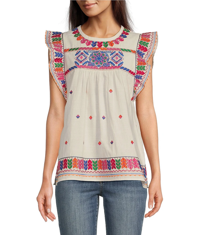 Calessa Petite Size Embroidered Round Neck Ruffled Cap Sleeve Tunic