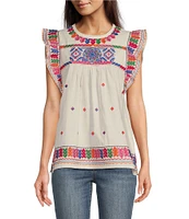 Calessa Petite Size Embroidered Round Neck Ruffled Cap Sleeve Tunic