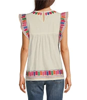 Calessa Petite Size Embroidered Round Neck Ruffled Cap Sleeve Tunic