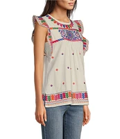 Calessa Petite Size Embroidered Round Neck Ruffled Cap Sleeve Tunic