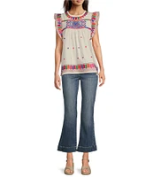 Calessa Petite Size Embroidered Round Neck Ruffled Cap Sleeve Tunic