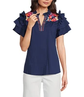 Calessa Petite Size Embroidered Ruffle Double Layer Cap Sleeve Top