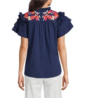 Calessa Petite Size Embroidered Ruffle Double Layer Cap Sleeve Top
