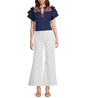 Calessa Petite Size Embroidered Ruffle Double Layer Cap Sleeve Top