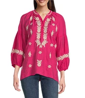 Calessa Petite Size Embroidered Split Neck Bracelet Length Sleeve Tunic