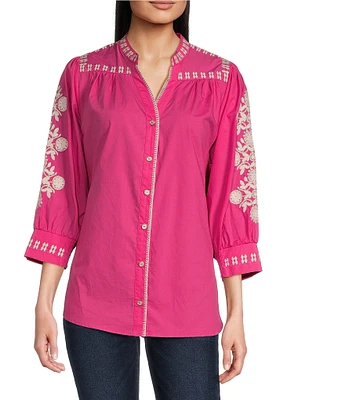 Calessa Petite Size Embroidered Split V-Neck 3/4 Sleeve Button Front Shirt