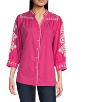 Calessa Petite Size Embroidered Split V-Neck 3/4 Sleeve Button Front Shirt