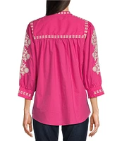 Calessa Petite Size Embroidered Split V-Neck 3/4 Sleeve Button Front Shirt