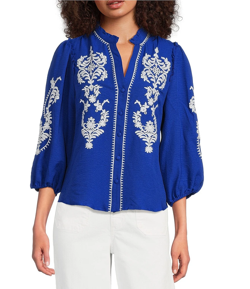 Calessa Petite Size Embroidered Motif Split V-Neck 3/4 Sleeve Button Front Tunic
