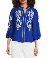 Calessa Petite Size Embroidered Motif Split V-Neck 3/4 Sleeve Button Front Tunic