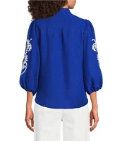 Calessa Petite Size Embroidered Motif Split V-Neck 3/4 Sleeve Button Front Tunic