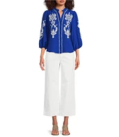 Calessa Petite Size Embroidered Motif Split V-Neck 3/4 Sleeve Button Front Tunic