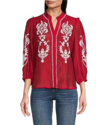 Calessa Petite Size Embroidered Split V-Neck 3/4 Sleeve Button Front Tunic