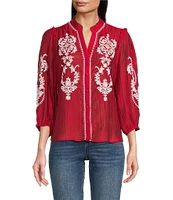Calessa Petite Size Embroidered Split V-Neck 3/4 Sleeve Button Front Tunic
