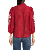 Calessa Petite Size Embroidered Split V-Neck 3/4 Sleeve Button Front Tunic