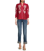 Calessa Petite Size Embroidered Split V-Neck 3/4 Sleeve Button Front Tunic