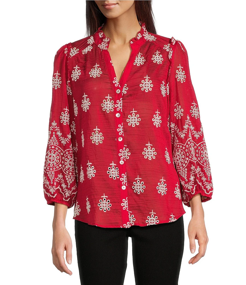Calessa Petite Size Embroidered Split Ruffle V-Neck 3/4 Sleeve Button Front Tunic