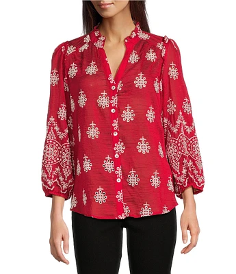 Calessa Petite Size Embroidered Split Ruffle V-Neck 3/4 Sleeve Button Front Tunic